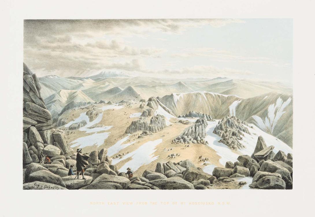Artwork North-east view from the top of Mount Kosciusko, New South Wales (plate IV from 'Australian landscapes' portfolio) this artwork made of Colour lithograph on smooth wove paper, created in 1866-01-01