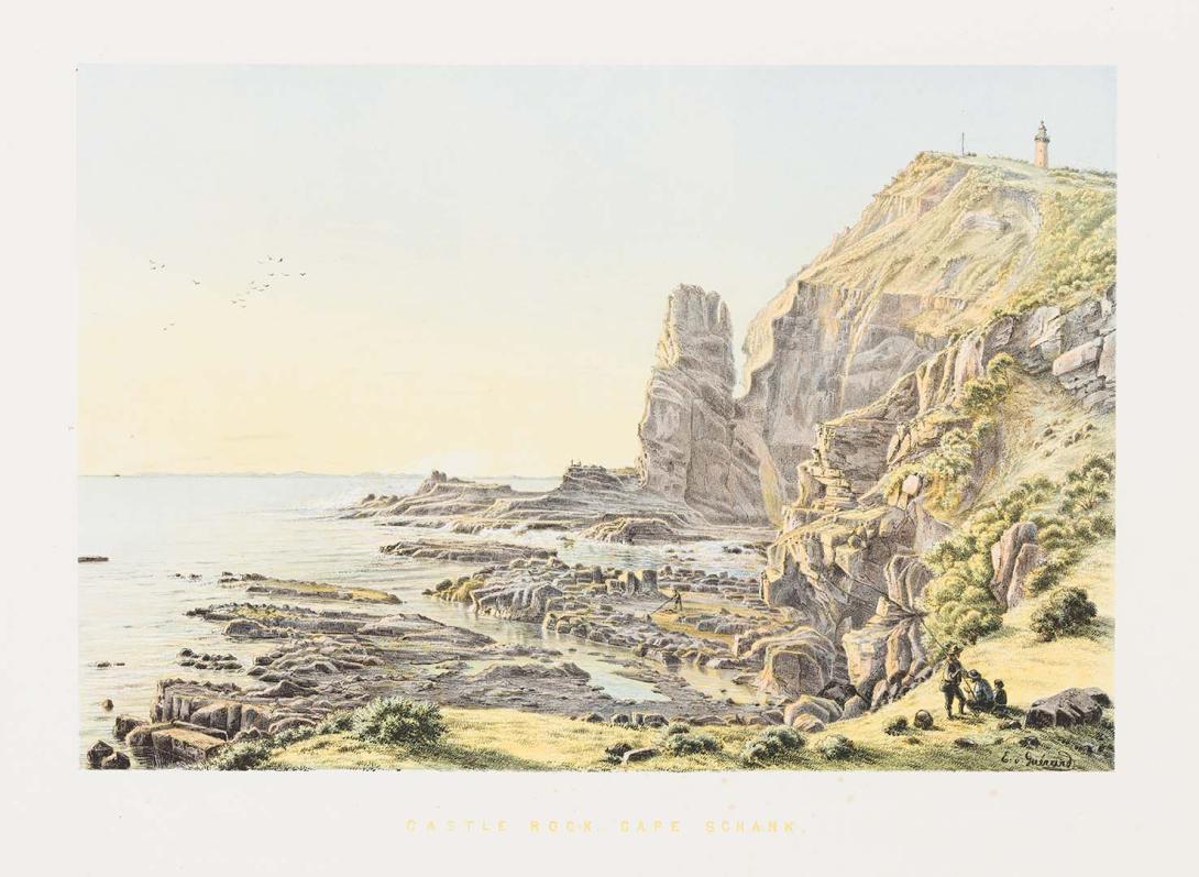 Artwork The Castle Rock, Cape Schanck (plate V from 'Australian landscapes' portfolio) this artwork made of Colour lithograph on smooth wove paper, created in 1866-01-01