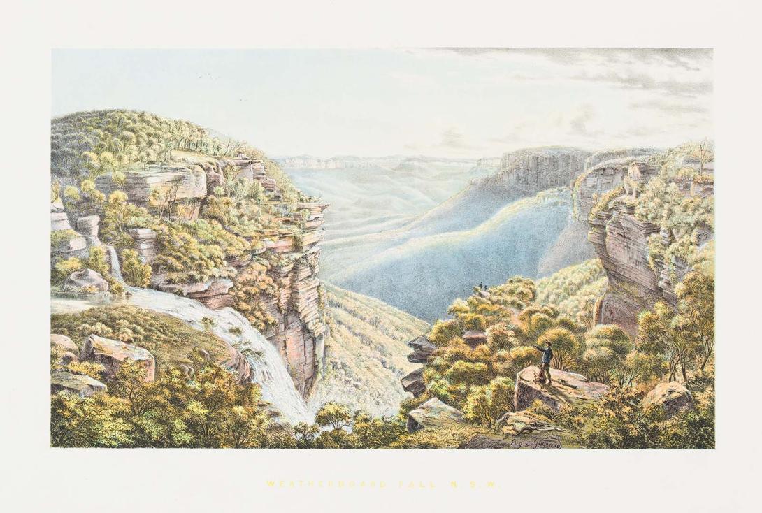 Artwork The Weatherboard Falls (plate VII from 'Australian landscapes' portfolio) this artwork made of Colour lithograph on smooth wove paper, created in 1866-01-01