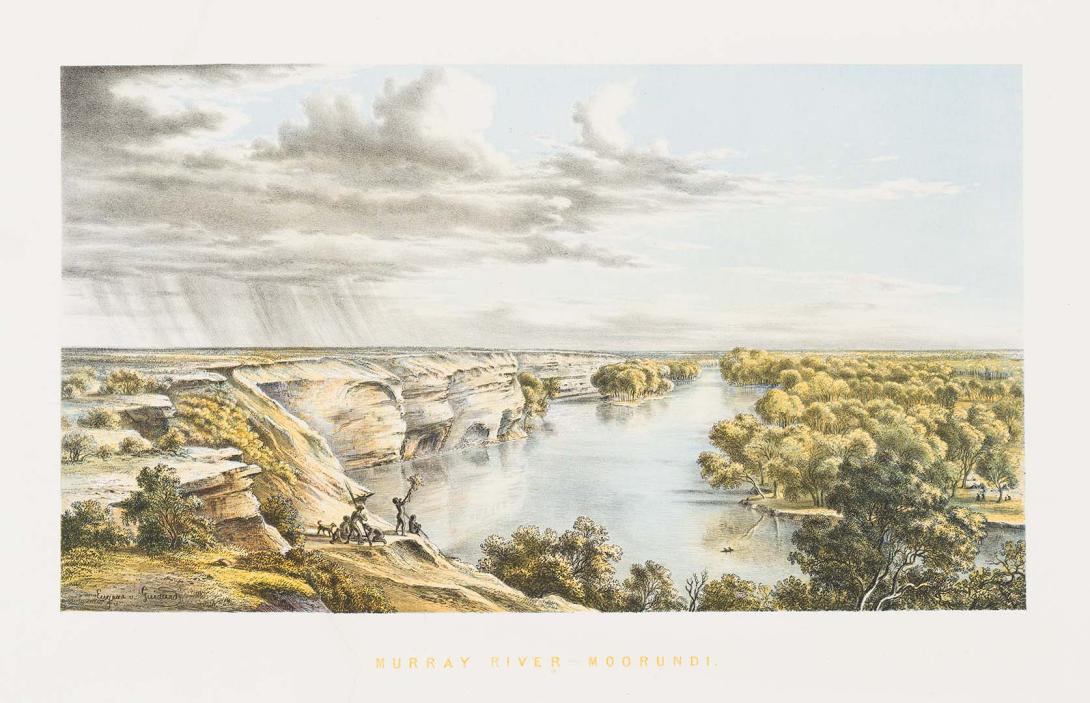 Artwork View of the Murray River (plate VIII from 'Australian landscapes' portfolio) this artwork made of Colour lithograph on smooth wove paper, created in 1866-01-01