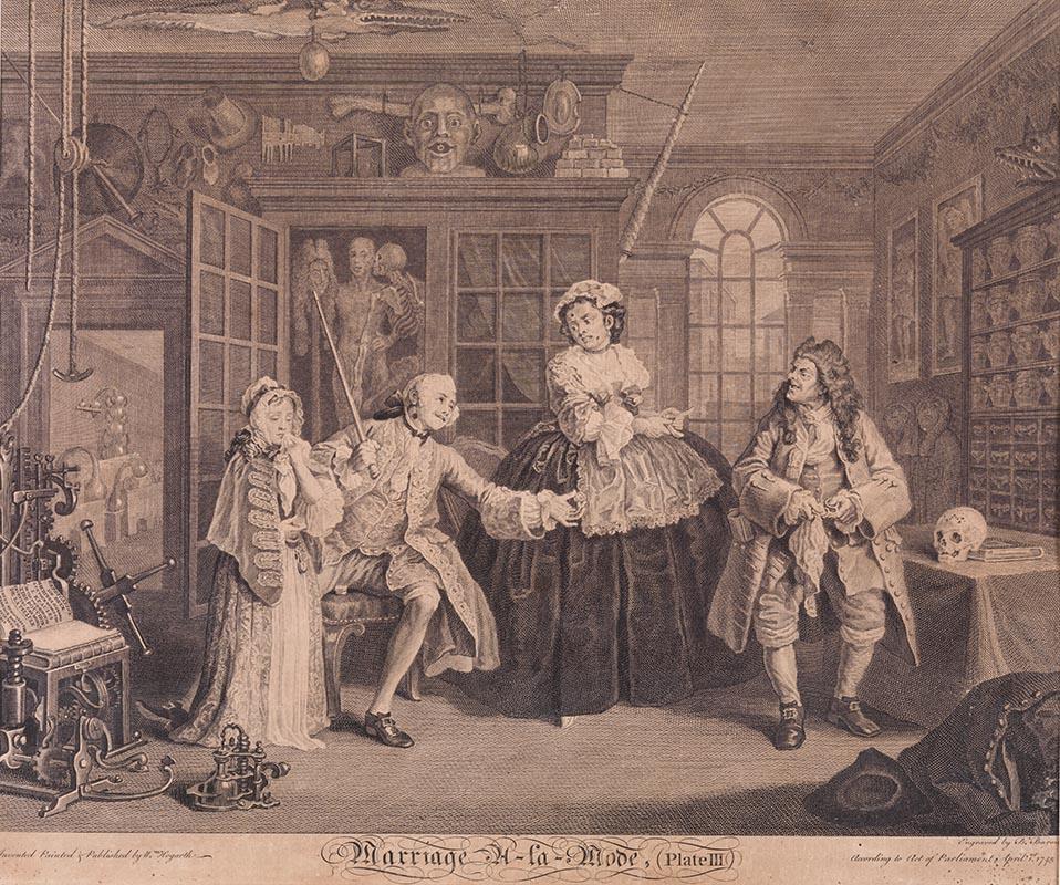 Artwork Marriage a la Mode, plate III. The scene with the quack this artwork made of Line and stipple engraving, etching on buff wove paper, created in 1745-01-01