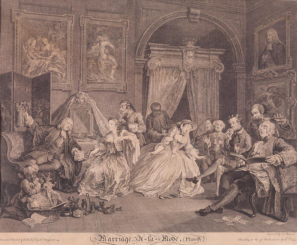 Artwork Marriage a la Mode, plate IV. The countess's levee this artwork made of Line and stipple engraving, etching on buff wove paper, created in 1745-01-01