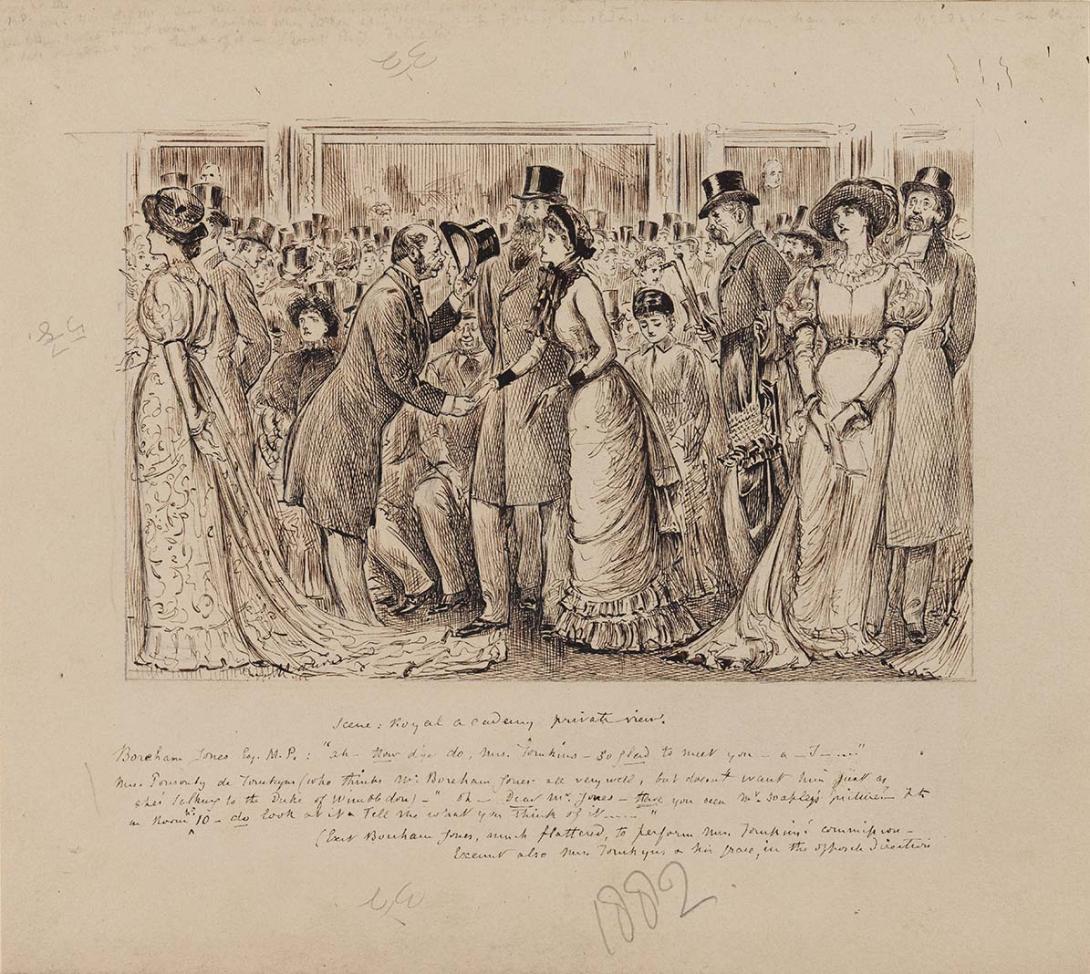 Artwork Scene: Royal Academy private view this artwork made of Pen and brown ink over pencil on thick wove paper, created in 1872-01-01