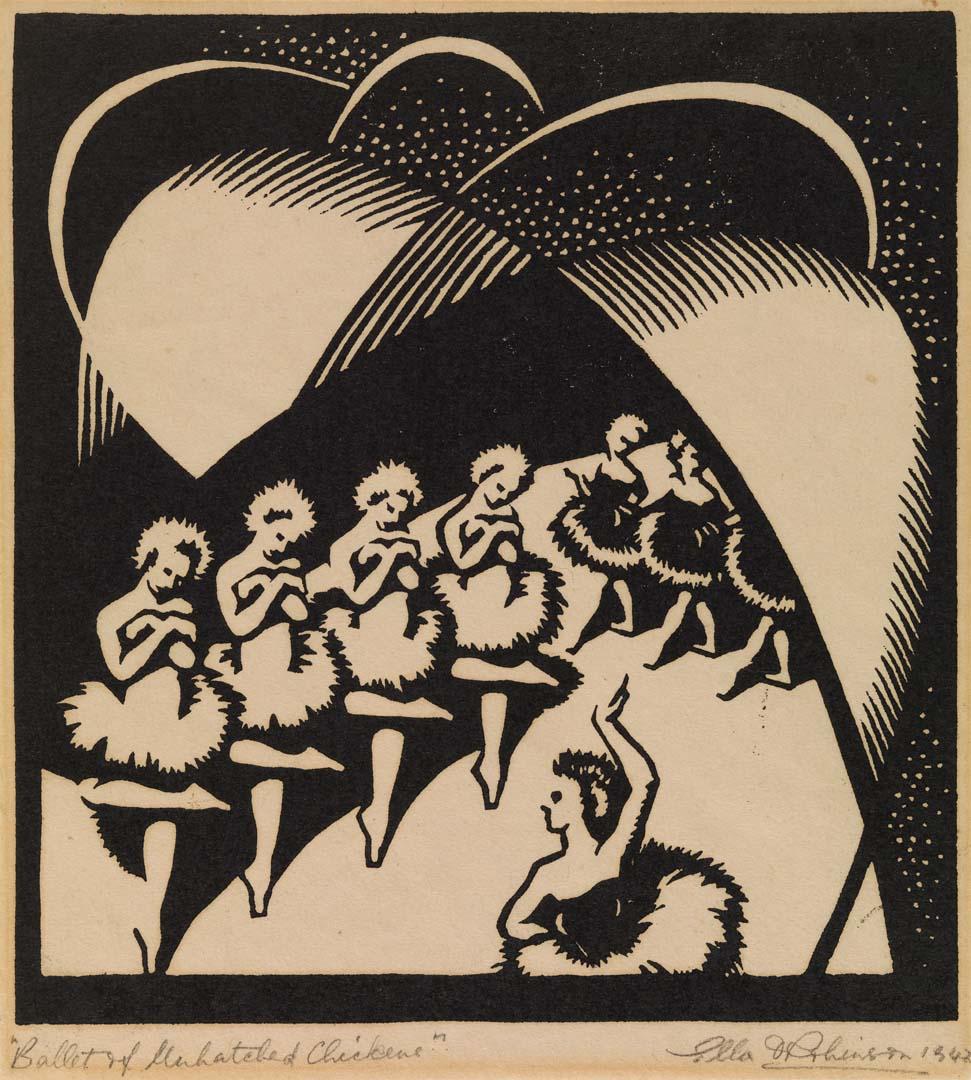 Artwork Ballet of unhatched chickens (no. 5 from 'Interpretations of music by Moussorgsky' series) this artwork made of Linocut on thin cream wove paper, created in 1942-01-01