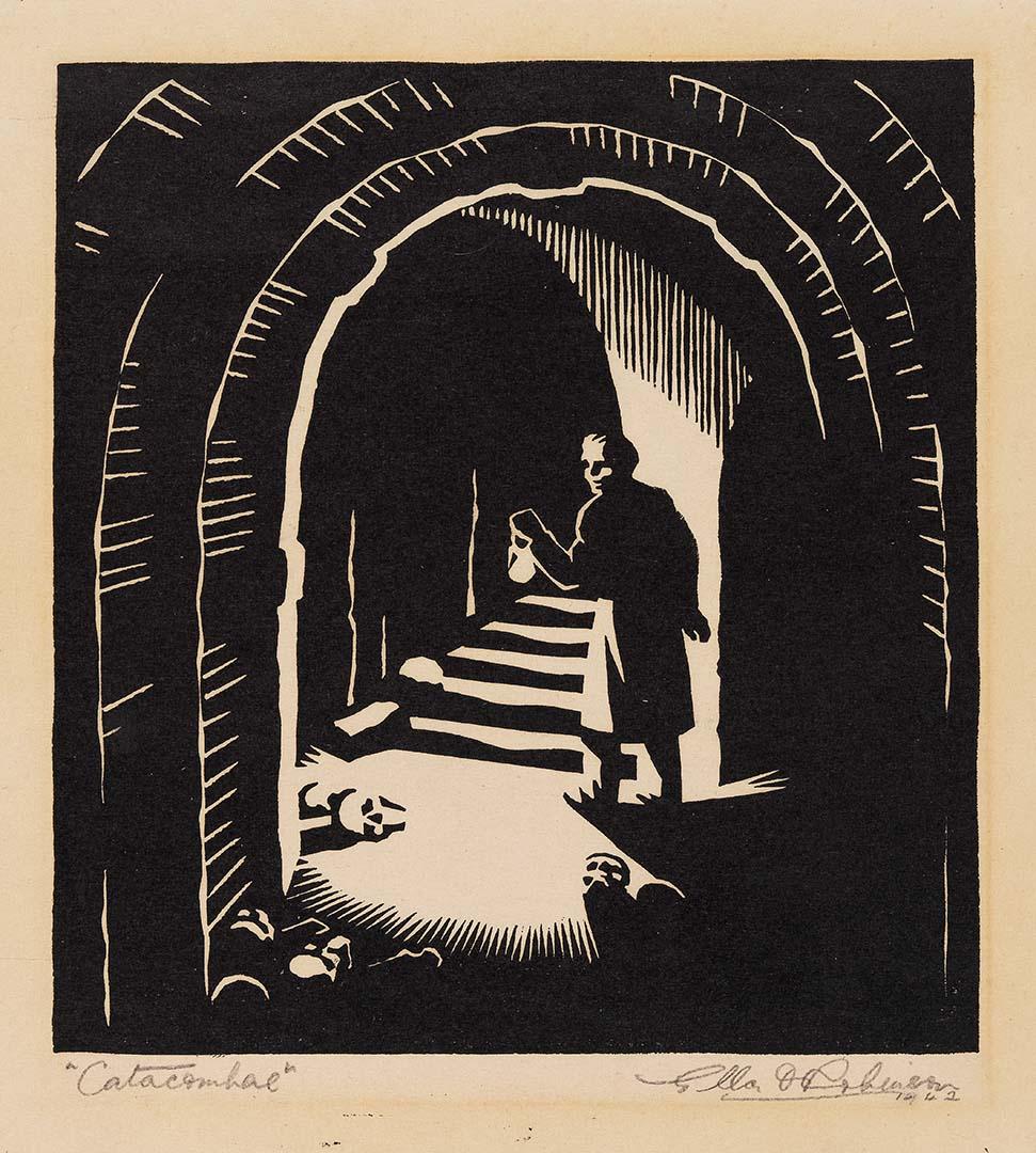 Artwork Catacombae (no. 8 from 'Interpretations of music by Moussorgsky' series) this artwork made of Linocut on thin cream wove paper, created in 1942-01-01