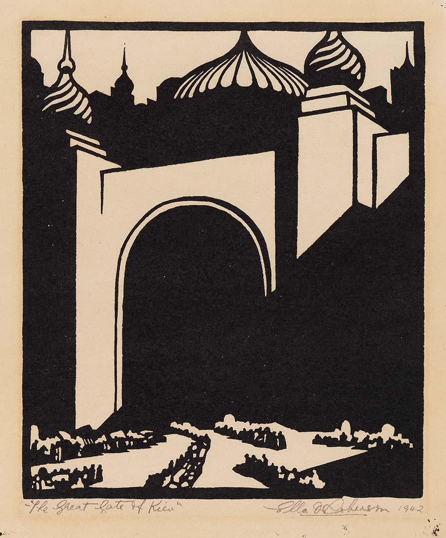 Artwork The great gate of Kiev (no. 10 from 'Interpretations of music by Moussorgsky' series) this artwork made of Linocut on thin cream wove paper, created in 1942-01-01