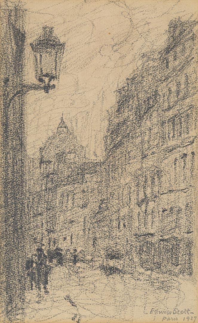 Artwork Untitled (street scene, Paris) this artwork made of Charcoal on cream laid paper, created in 1927-01-01