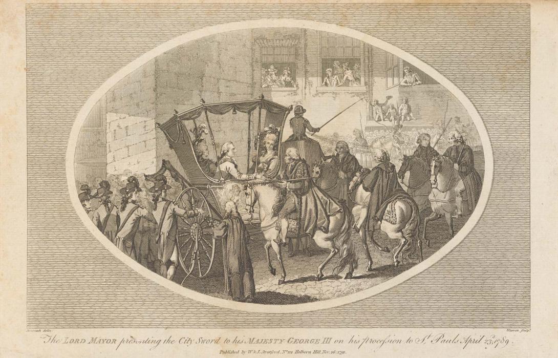 Artwork The Lord Mayor presenting the City Sword to His Majesty George III on his procession to St. Paul's April 23rd 1789 (from 'Ashburton's History of England' series) this artwork made of Steel engraving on paper