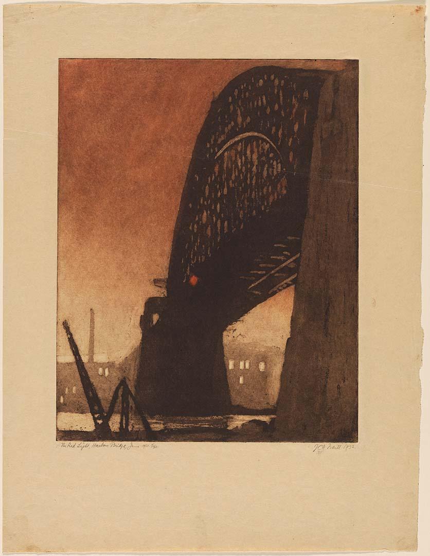 Artwork The Red Light, Harbour Bridge, June 1931 this artwork made of Aquatint, hand-coloured on yellowed Oriental paper, created in 1931-01-01