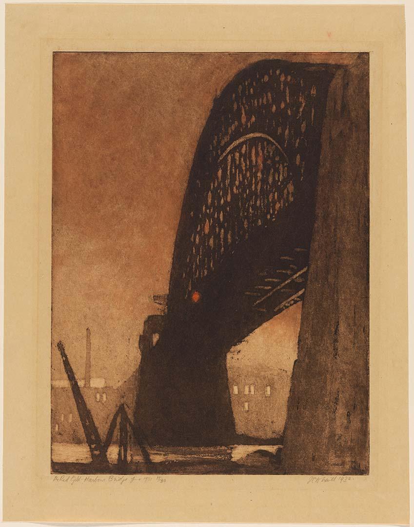 Artwork The Red Light, Harbour Bridge, June 1931 this artwork made of Aquatint, hand-coloured on yellowed Oriental paper, created in 1932-01-01