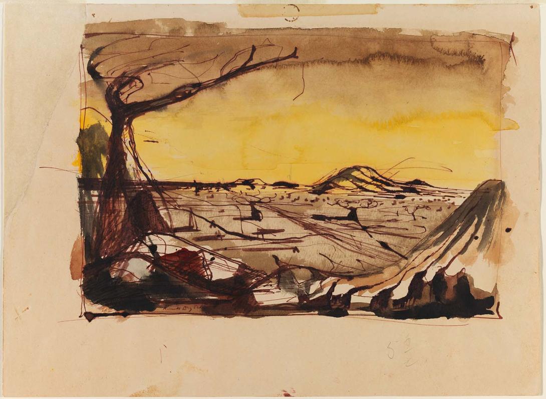Artwork (Australian landscape) this artwork made of Pen and coloured inks, with watercolour wash on buff wove paper, created in 1945-01-01
