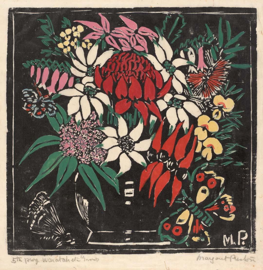Artwork Waratah group this artwork made of Woodcut, hand-coloured on thin laid Oriental paper, created in 1925-01-01