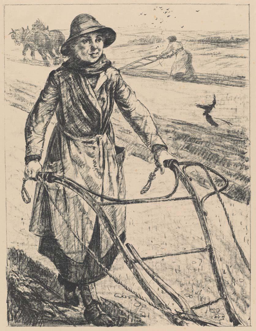 Artwork On the land:  ploughing (from the set 'Women's work', in 'The efforts', the first part of 'The Great War:  Britain's efforts and ideals shown in a series of lithographic prints' series) this artwork made of Lithograph on cream handmade wove paper, created in 1917-01-01