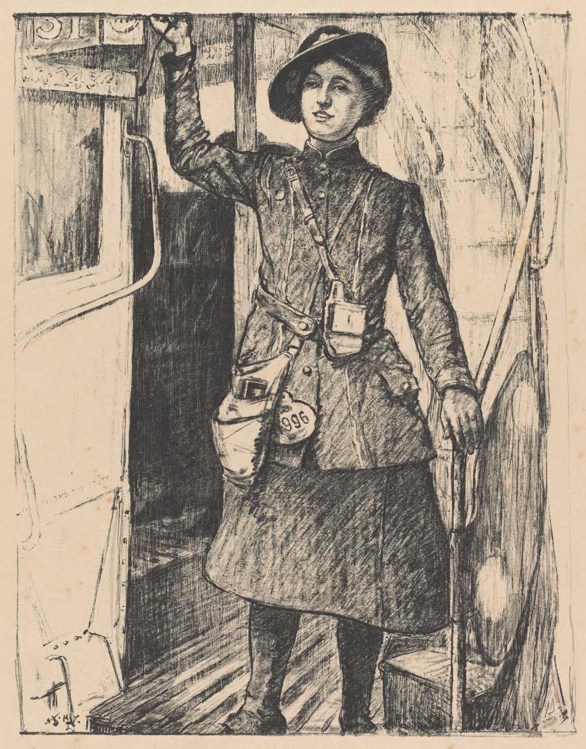 Artwork In the towns:  a bus conductress (from the set 'Women's work', in 'The efforts', the first part of 'The Great War:  Britain's efforts and ideals shown in a series of lithographic prints' series) this artwork made of Lithograph on cream handmade wove paper, created in 1917-01-01