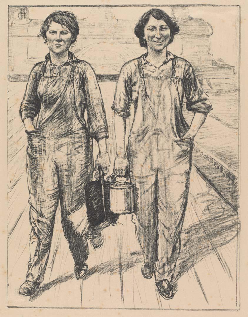 Artwork On the railways:  engine and carriage cleaners (from the set 'Women's work', in 'The efforts', the first part of 'The Great War:  Britain's efforts and ideals shown in a series of lithographic prints' series) this artwork made of Lithograph on cream handmade wove paper, created in 1917-01-01