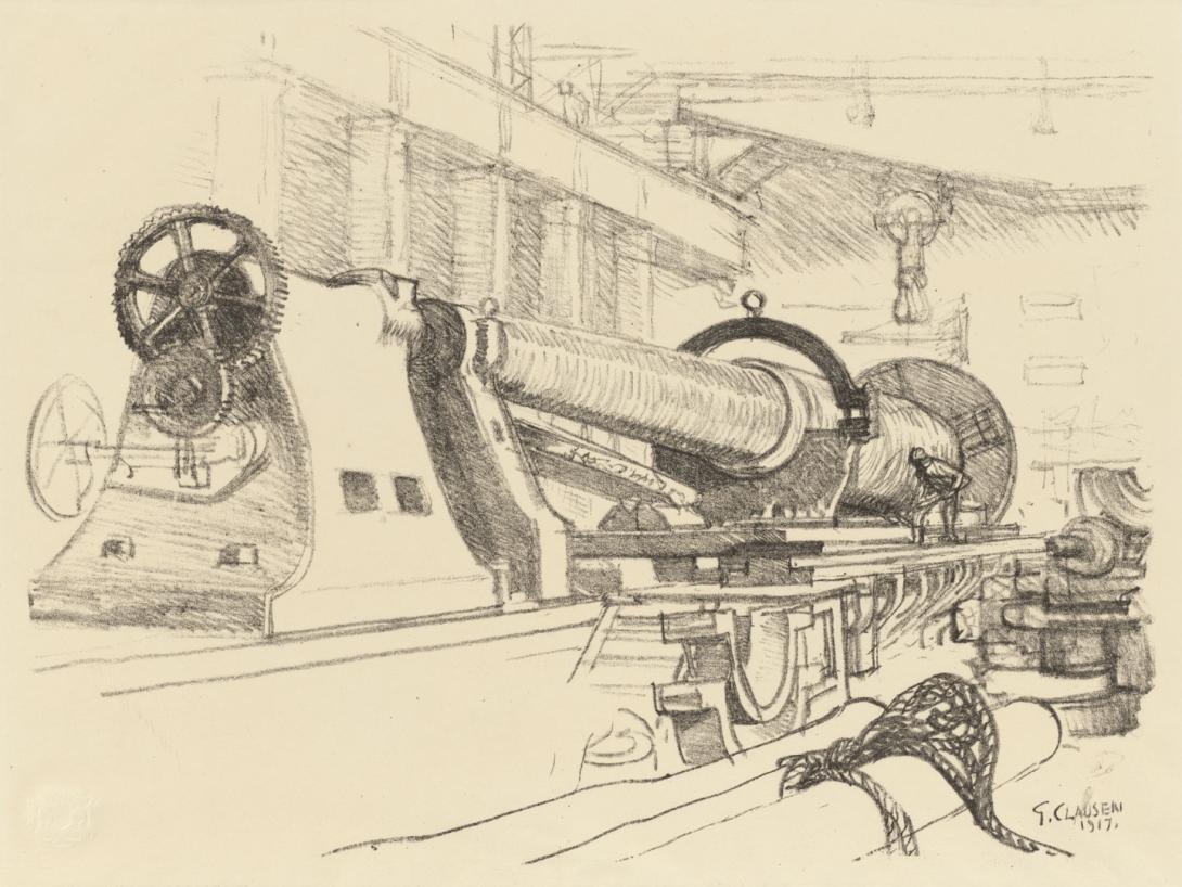 Artwork Turning a big gun (from the set 'Making guns', in 'The efforts', the first part of 'The Great War:  Britain's efforts and ideals shown in a series of lithographic prints' series) this artwork made of Lithograph on cream wove paper, created in 1917-01-01