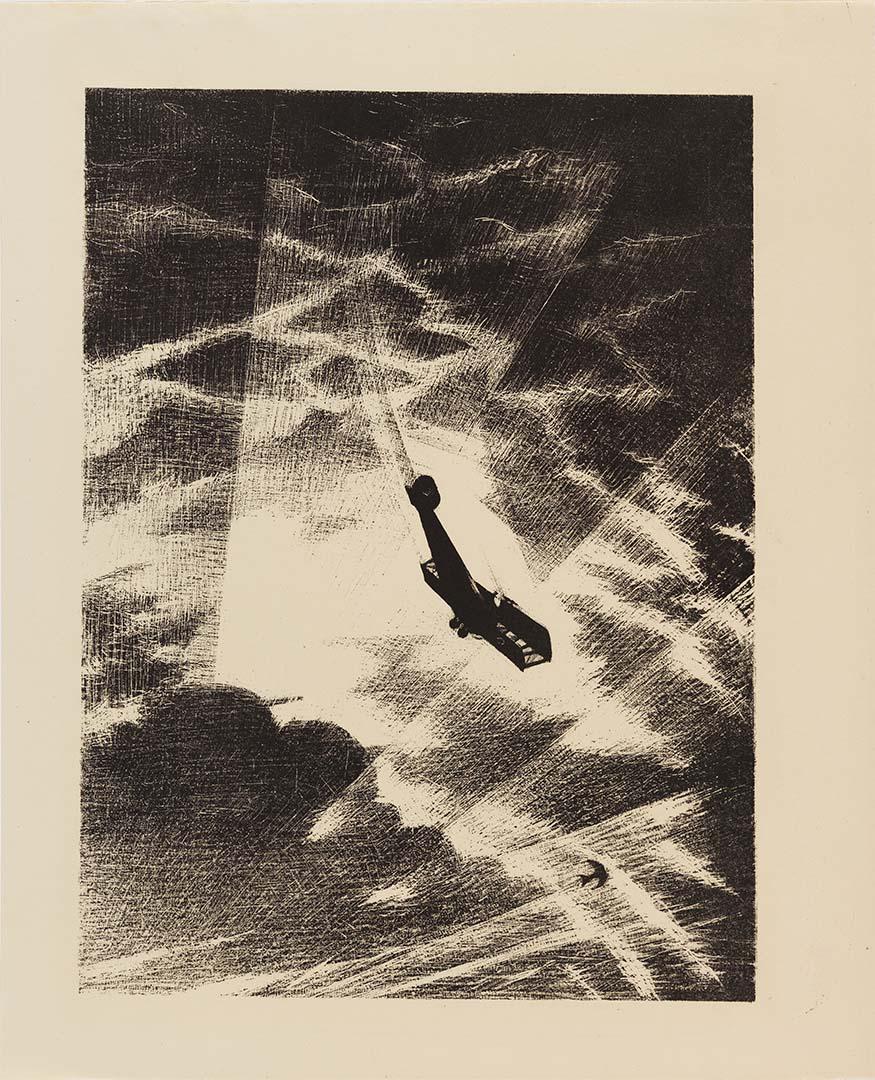 Artwork Swooping down on a Taube (from the set 'Building aircraft', in 'The efforts', the first part of 'The Great War:  Britain's efforts and ideals shown in a series of lithographic prints' series) this artwork made of Lithograph on cream wove paper, created in 1917-01-01