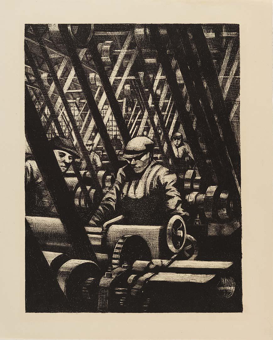 Artwork Making the engine (from the set 'Building aircraft', in 'The efforts', the first part of 'The Great War:  Britain's efforts and ideals shown in a series of lithographic prints' series) this artwork made of Lithograph on cream wove paper, created in 1917-01-01