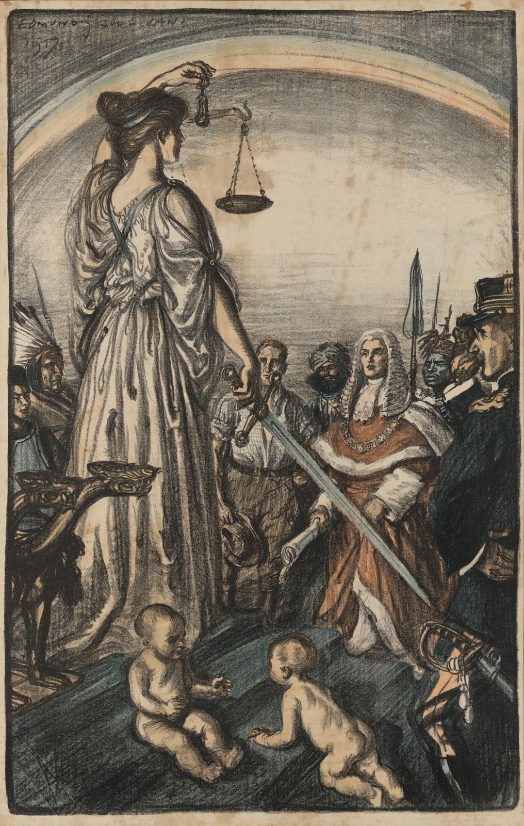 Artwork The reign of justice (from 'The ideals', the second part of 'The Great War: Britain's efforts and ideals shown in a series of lithographic prints' series) this artwork made of Colour lithograph on paper, created in 1917-01-01