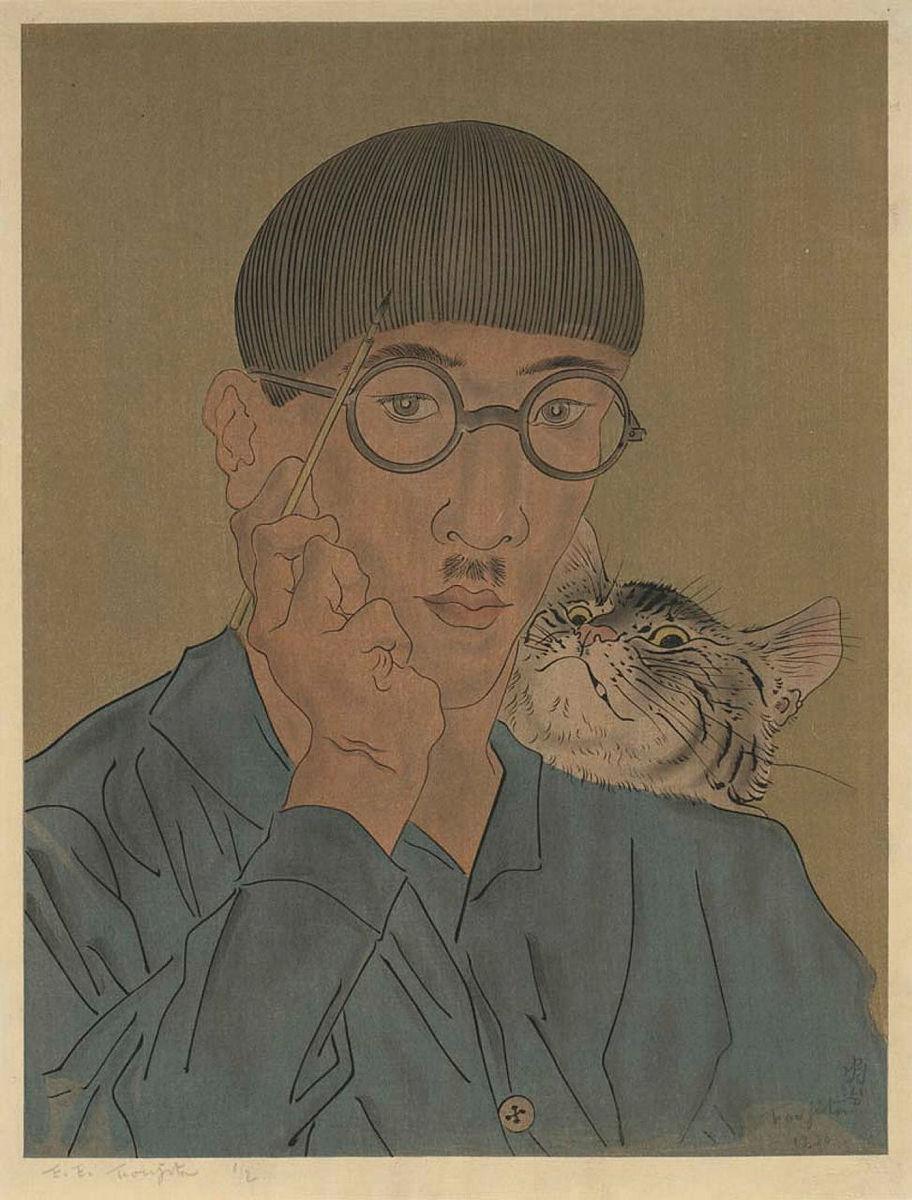 Artwork Self portrait with cat this artwork made of Colour woodblock print on cream wove paper, created in 1930-01-01