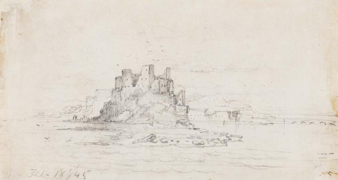 Artwork (Ruins of a castle on a rocky outcrop with sea on three sides) this artwork made of Pencil on buff paper, created in 1845-01-01