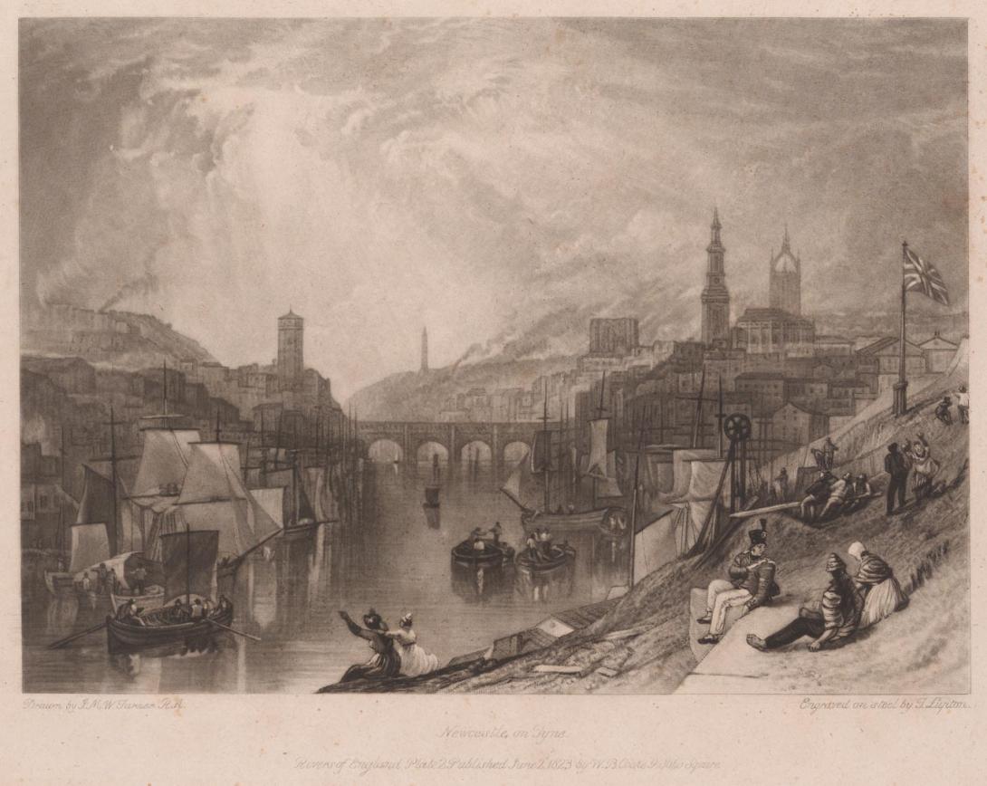Artwork Newcastle-on-Tyne (plate 2 from 'The rivers of England') this artwork made of Mezzotint and engraving on off-white laid paper, created in 1823-01-01