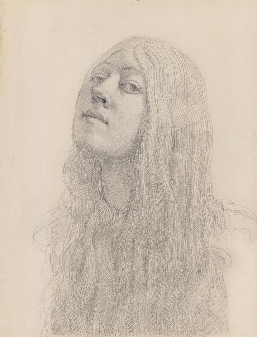 Artwork Portrait of a girl with long hair this artwork made of Pencil on paper, created in 1915-01-01