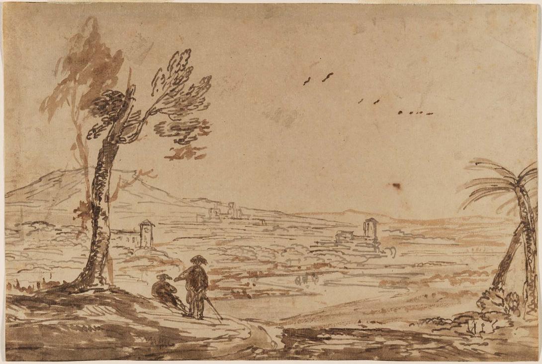 Artwork Landscape with city in distance this artwork made of Brush and brown and grey ink washes on off-white laid paper mounted on cardboard, created in 1675-01-01