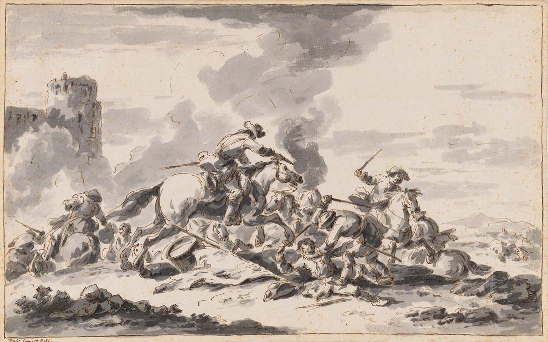 Artwork A cavalry charge this artwork made of Pen and brown ink and grey washes over pencil on cream laid paper