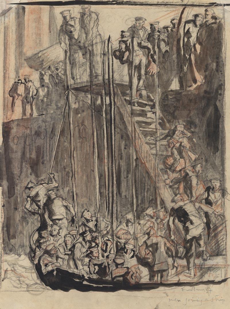 Artwork Men joining a ship this artwork made of Crayon and brown chalk, brush and ink, watercolour wash on thin wove paper, created in 1914-01-01