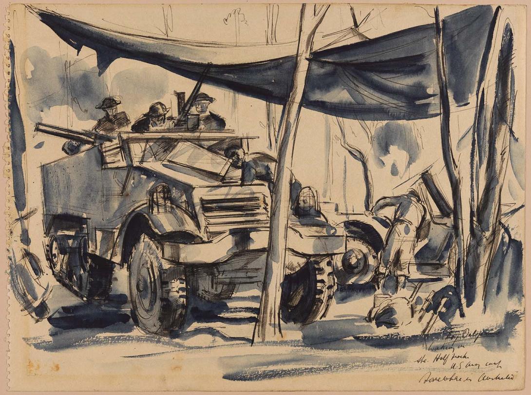 Artwork Waking on the half track this artwork made of Pen and brush and ink over pencil on wove paper, created in 1939-01-01