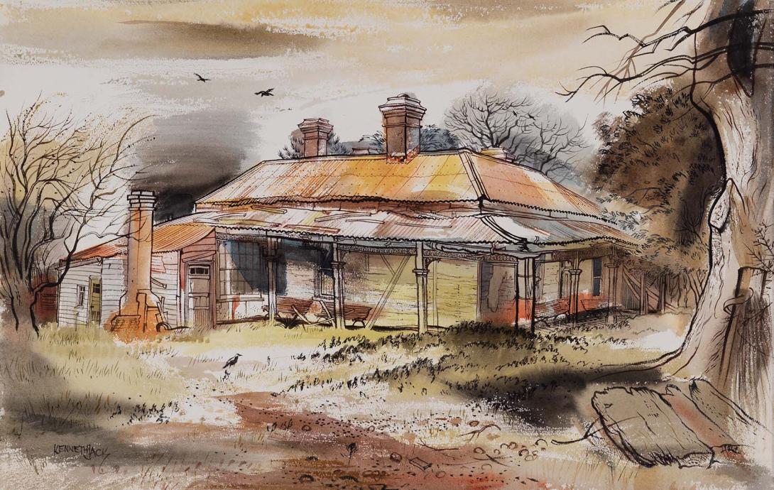 Artwork Deserted farmhouse, Flinders, Victoria this artwork made of Pen, brush and ink watercolour on wove paper on cardboard, created in 1959-01-01