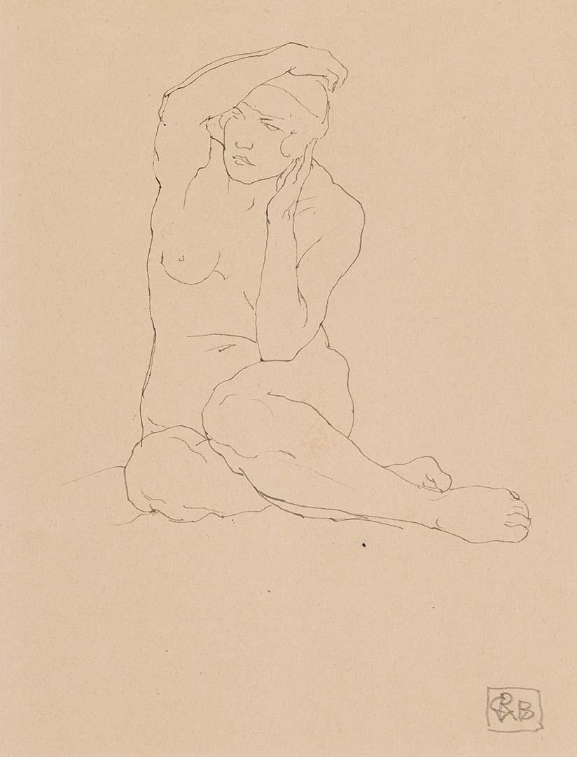 Artwork (Female nude, seated) this artwork made of Pen and ink on cream wove paper, created in 1915-01-01
