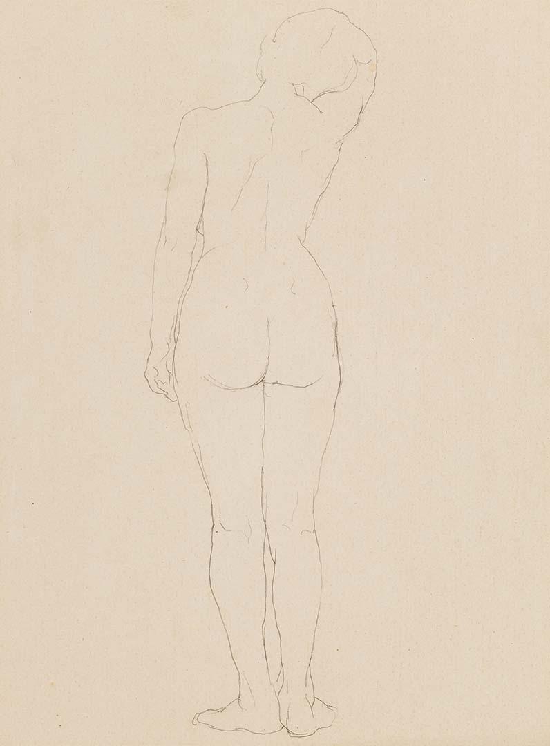 Artwork Untitled (back view of female nude, standing with hand on head) this artwork made of Pencil on cream wove paper, created in 1915-01-01