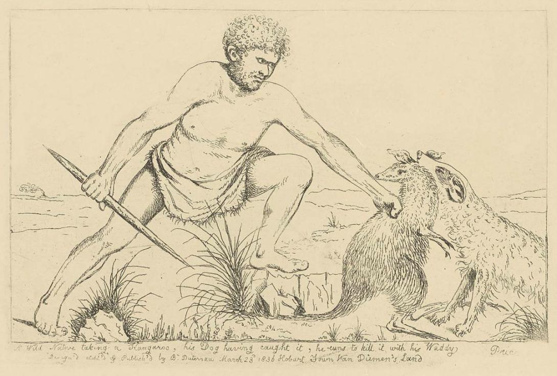 Artwork A wild native taking a kangaroo this artwork made of Etching on cream wove paper, created in 1836-01-01