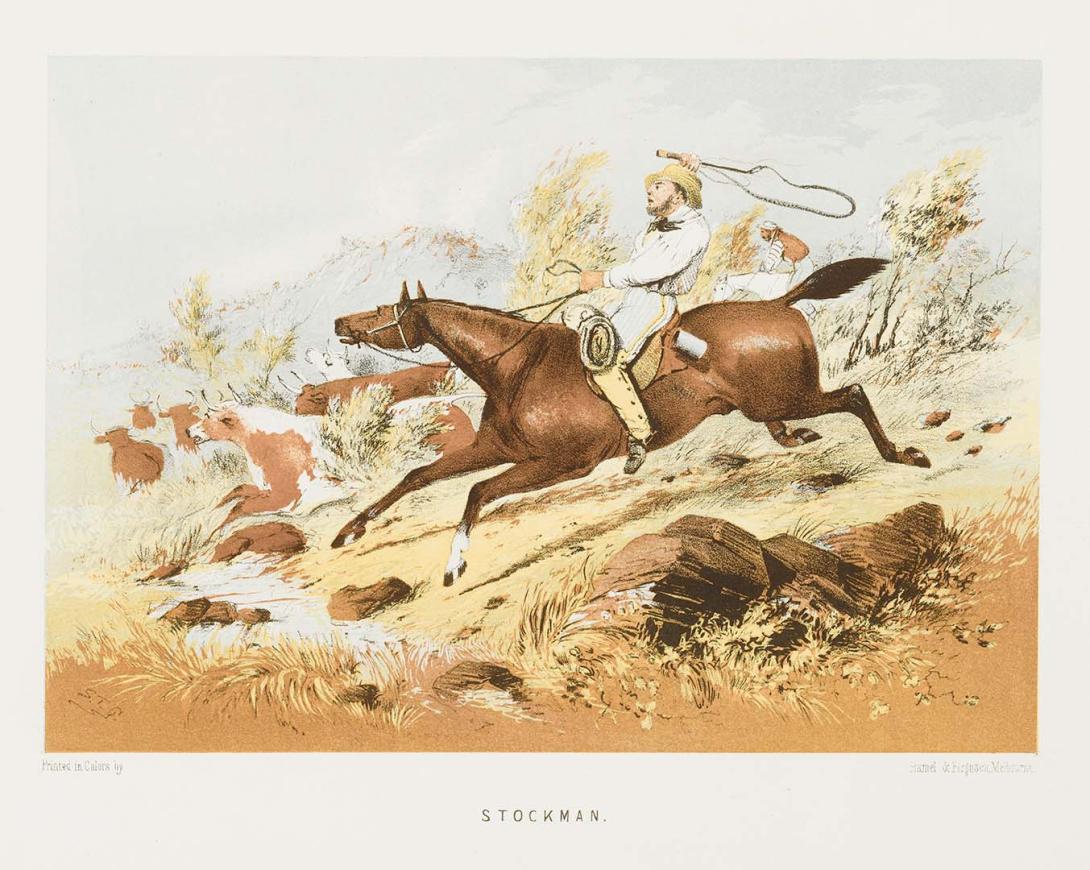 Artwork Stockman (from 'The Australian sketchbook') this artwork made of Colour lithograph on smooth wove paper, created in 1865-01-01