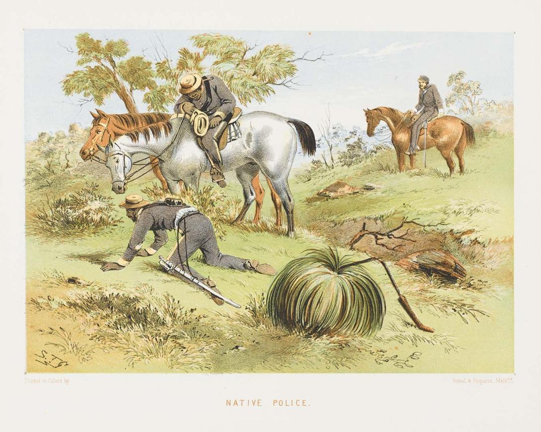 Artwork Native police (from 'The Australian sketchbook') this artwork made of Colour lithograph on smooth wove paper, created in 1865-01-01