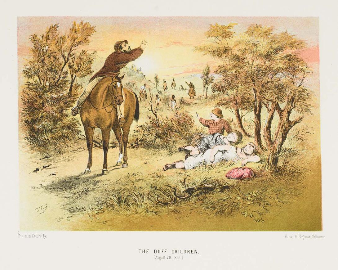 Artwork The Duff children (August 20, 1864) (from 'The Australian sketchbook') this artwork made of Colour lithograph on smooth wove paper, created in 1865-01-01