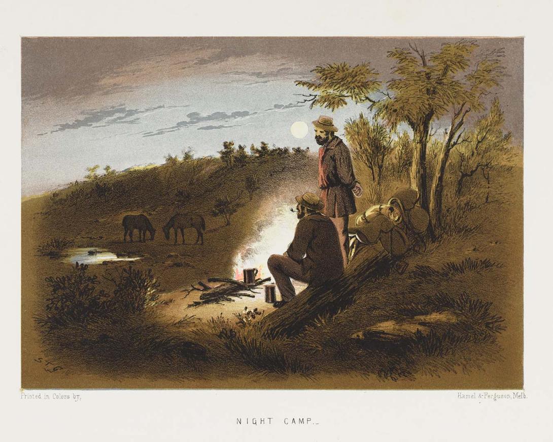 Artwork Night camp (from 'The Australian sketchbook') this artwork made of Colour lithograph on smooth wove paper, created in 1865-01-01