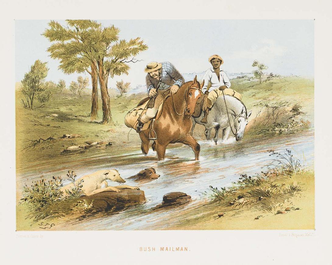 Artwork Bush mailman (from 'The Australian sketchbook') this artwork made of Colour lithograph on smooth wove paper, created in 1865-01-01