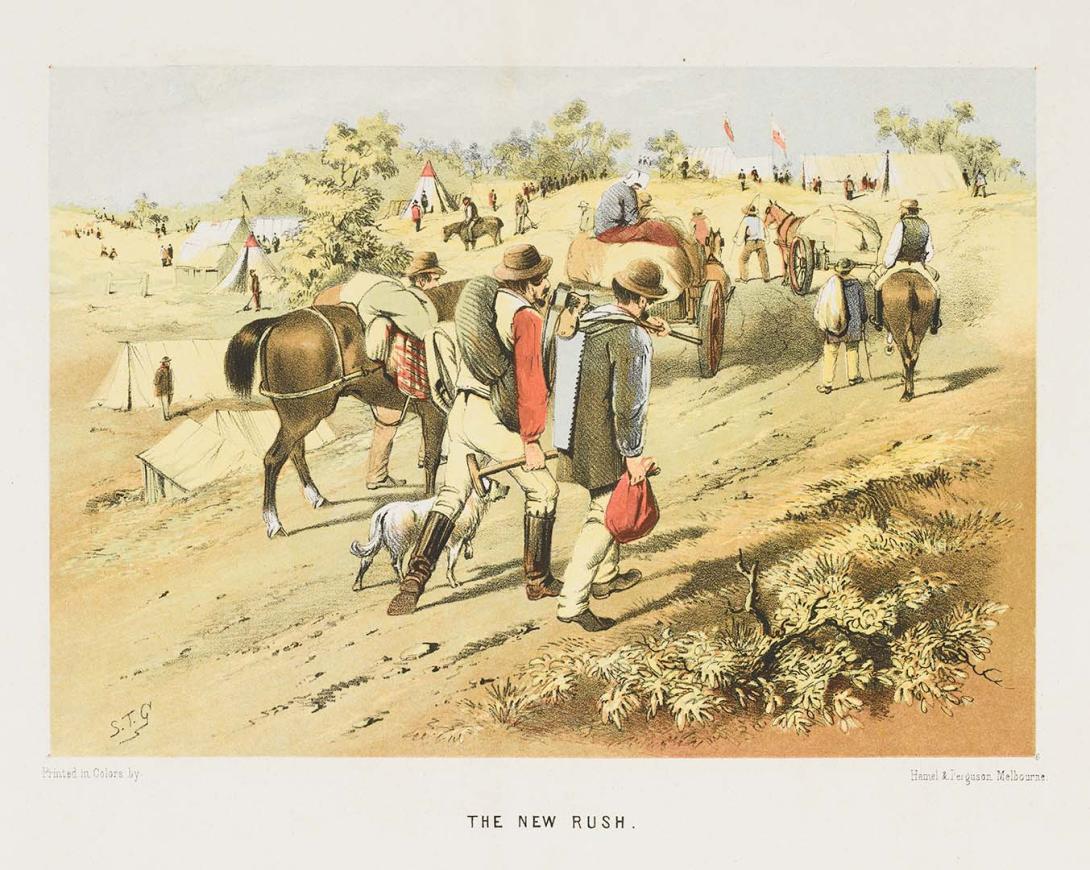 Artwork The new rush (from 'The Australian sketchbook') this artwork made of Colour lithograph on smooth wove paper, created in 1865-01-01