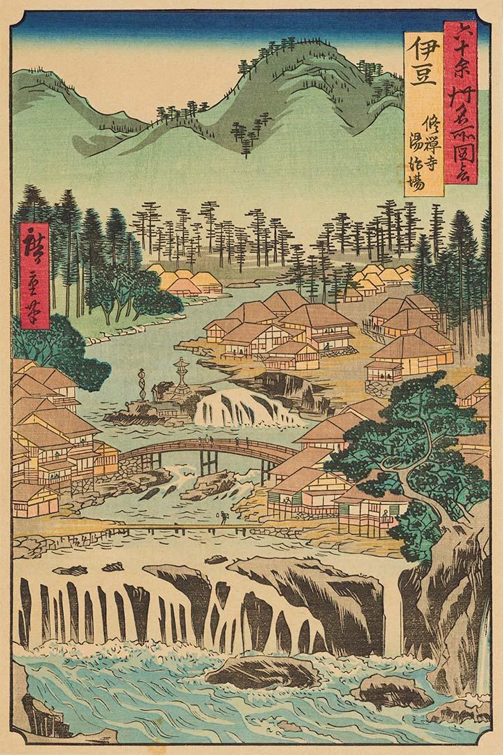 Artwork Tojiba hot springs (from 'Rokujuyoshu meisho zue (Views of famous places of the sixty odd provinces)' series) this artwork made of Woodblock print on paper, created in 1853-01-01