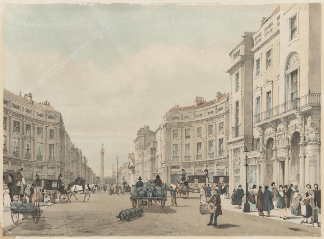 Artwork Regent Street, looking towards the Duke of York's Column (from 'London as it is' series) this artwork made of Lithograph, hand-coloured on wove paper, created in 1831-01-01