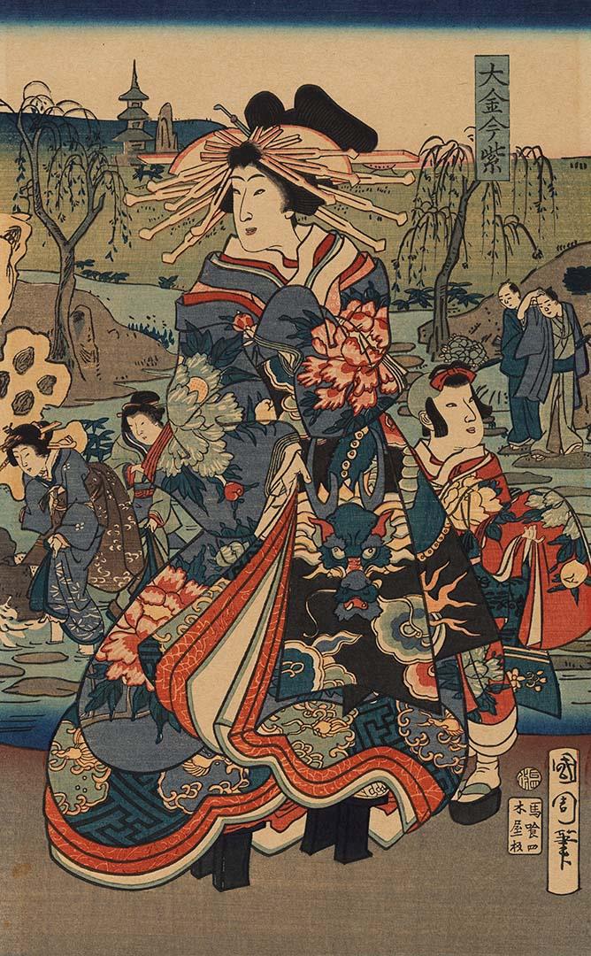 Artwork Courtesan with attendants by a river this artwork made of Coloured woodblock print on paper, created in 1865-01-01