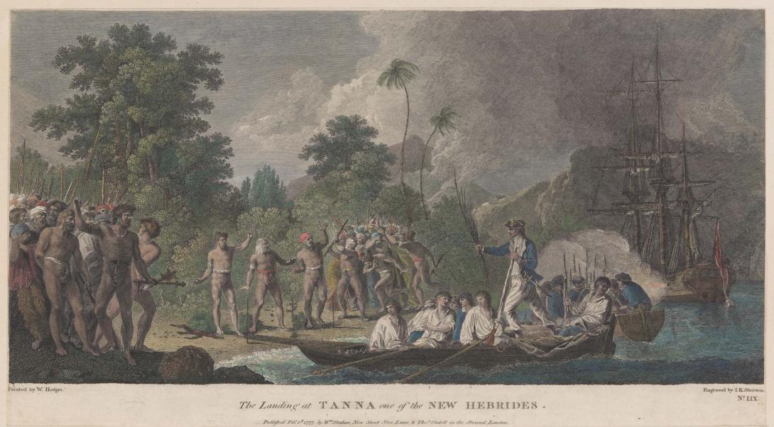 Artwork The landing at Tanna, one of the New Hebrides this artwork made of Engraving, hand-coloured on paper, created in 1777-01-01