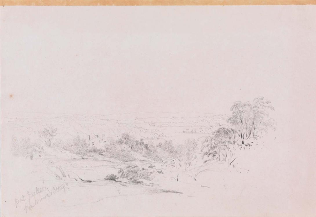 Artwork Port Jackson from Brown's cottage this artwork made of Pencil on wove paper, created in 1833-01-01