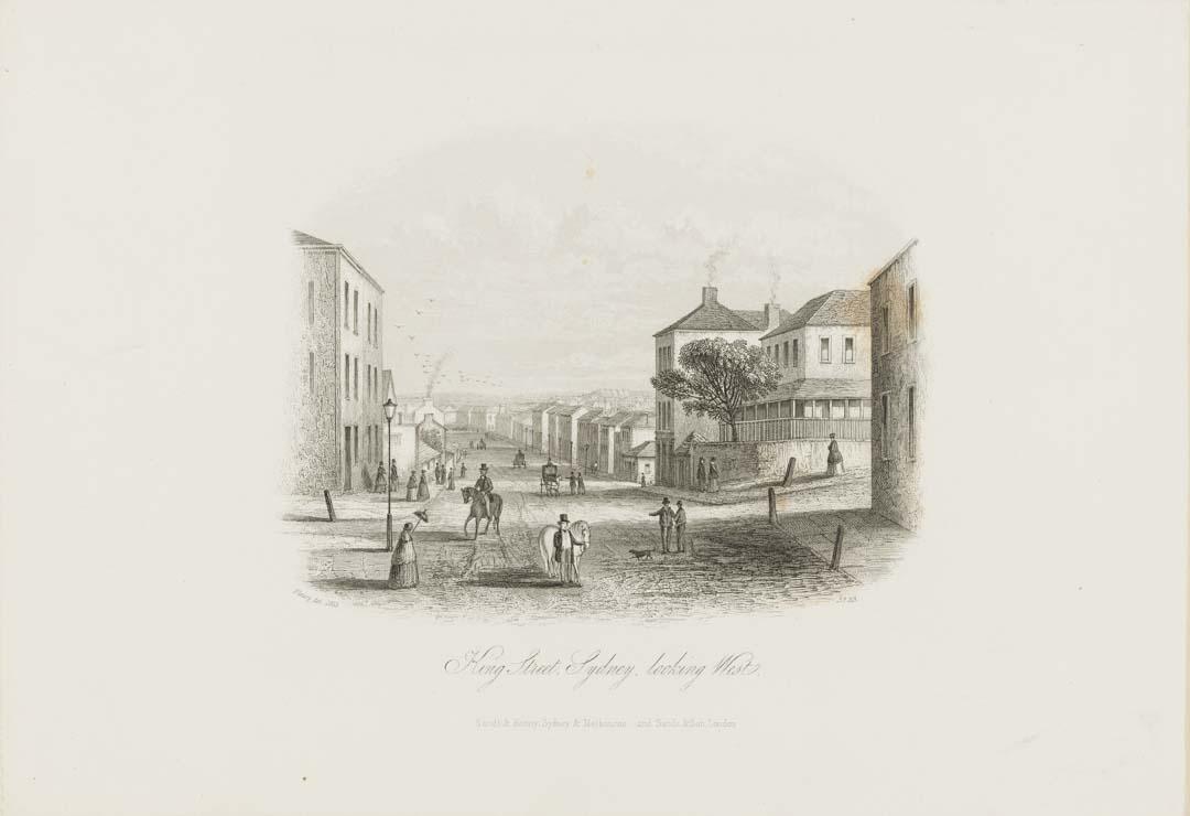 Artwork King Street, Sydney, looking west (no. 33 from 'Landscape scenery, illustrating Sydney, Parramatta, Richmond, Maitland, Windsor and Port Jackson, New South Wales' series) this artwork made of Etching and engraving on wove paper, created in 1854-01-01