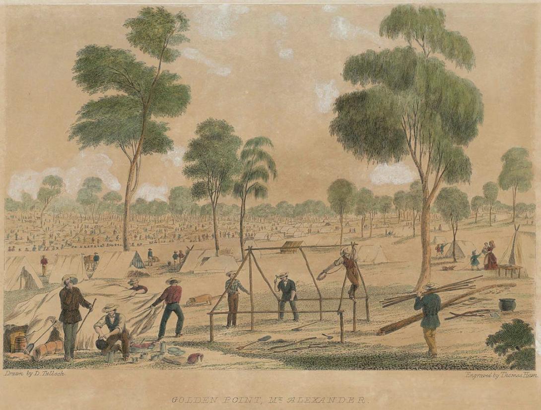 Artwork Golden Point, Mount Alexander this artwork made of Colour lithograph with handcolouring on smooth wove paper, created in 1852-01-01