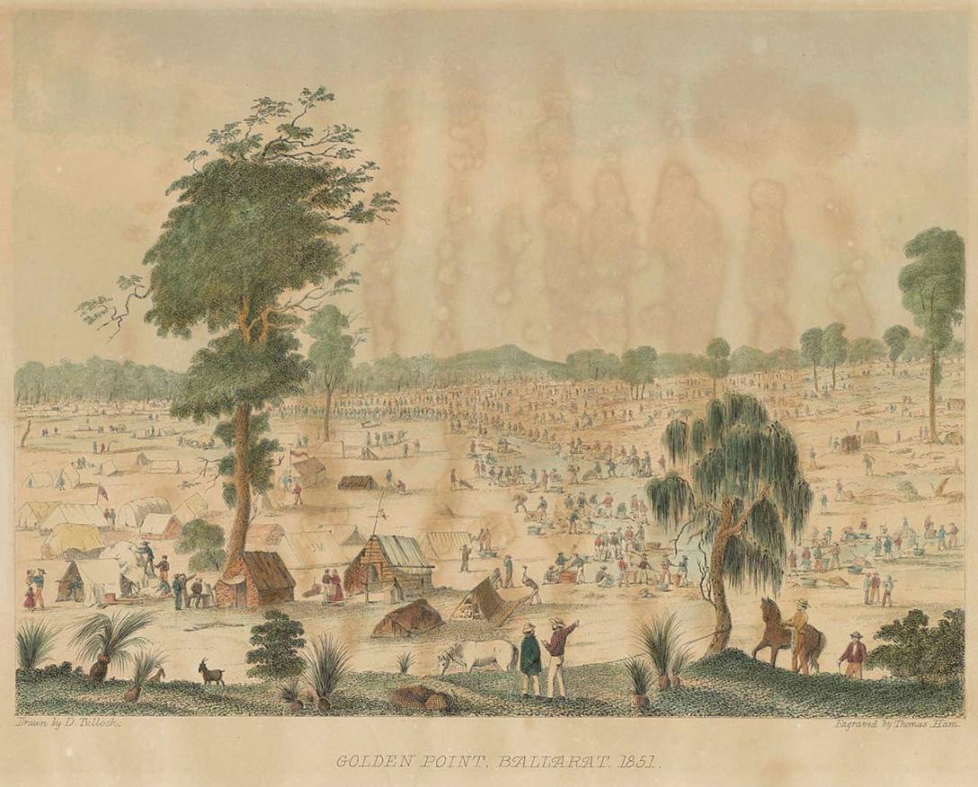 Artwork Golden Point, Ballarat - 1851 this artwork made of Colour lithograph with handcolouring on smooth wove paper, created in 1852-01-01