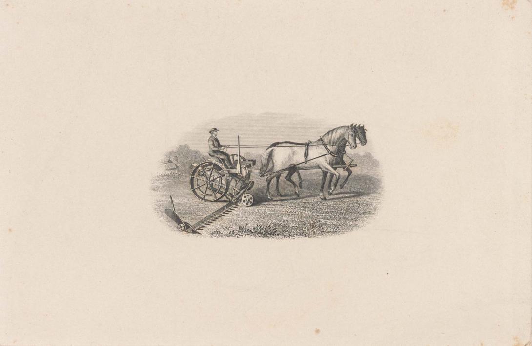 Artwork (A man driving a two-hourse drawn plough) this artwork made of Engraving on thick cream wove paper, created in 1860-01-01